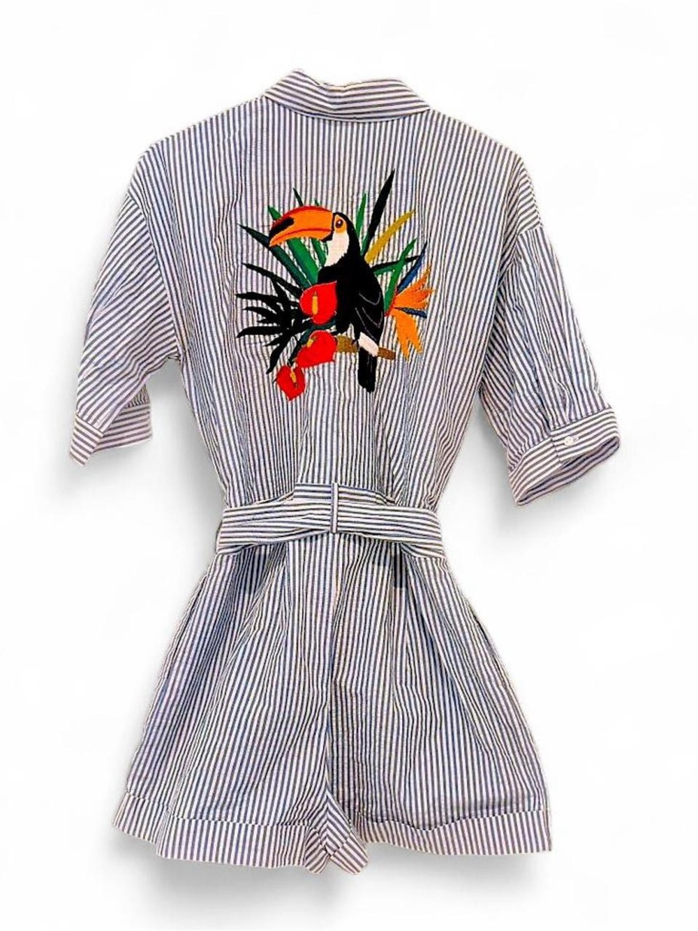 Zara Blue & White Striped Button-Up Romper w/embroidered toucan - Size M